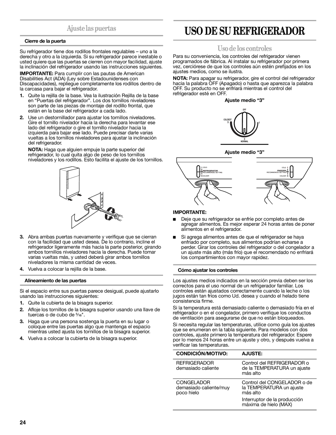 Whirlpool W10249204A, W10249205A installation instructions Ajustelas puertas, Uso de los controles, CONDICIÓN/MOTIVO Ajuste 