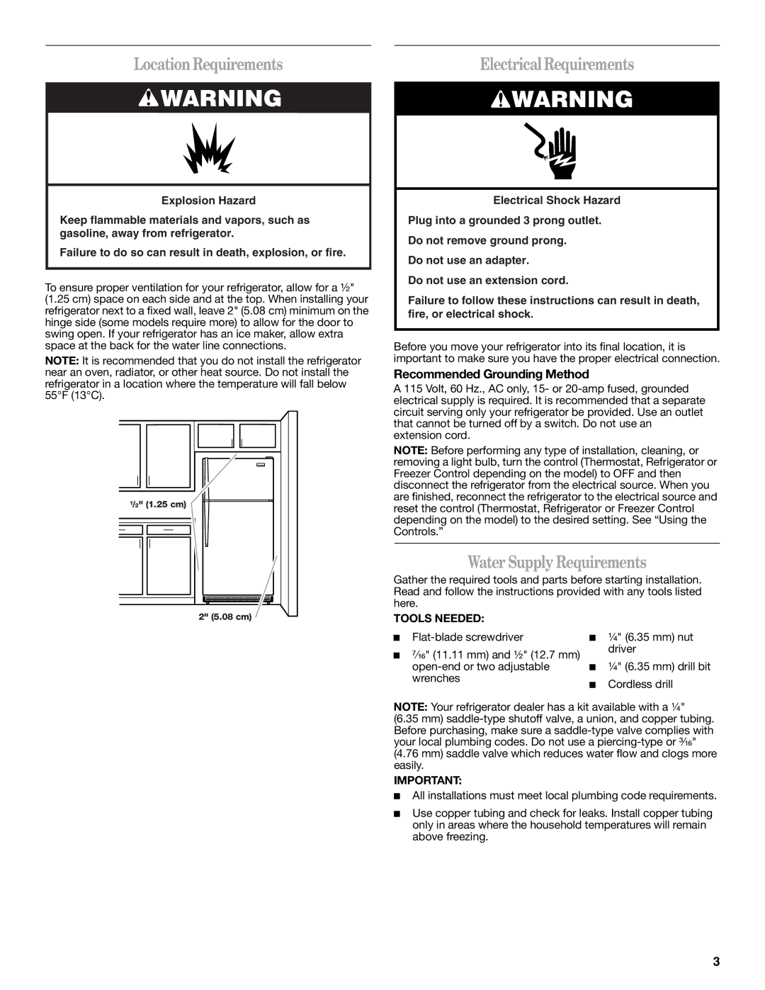 Whirlpool W10249205A, W10249204A LocationRequirements, Electrical Requirements, Water Supply Requirements, Tools Needed 