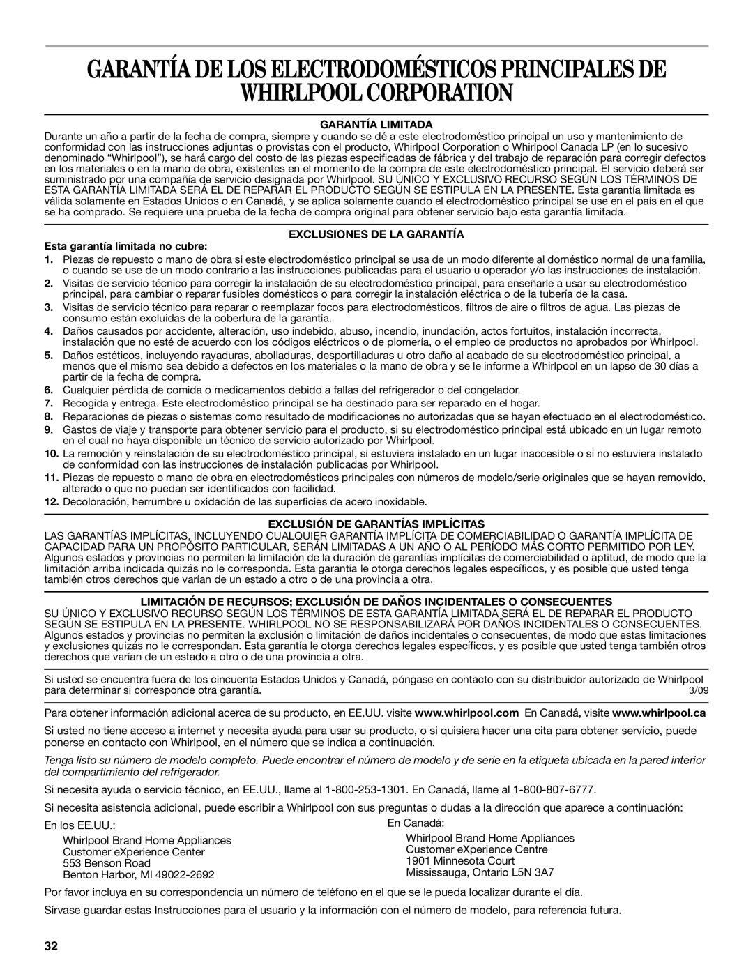 Whirlpool W10249204A Whirlpool Corporation, Garantía Limitada, Exclusiones DE LA Garantía, Esta garantía limitada no cubre 