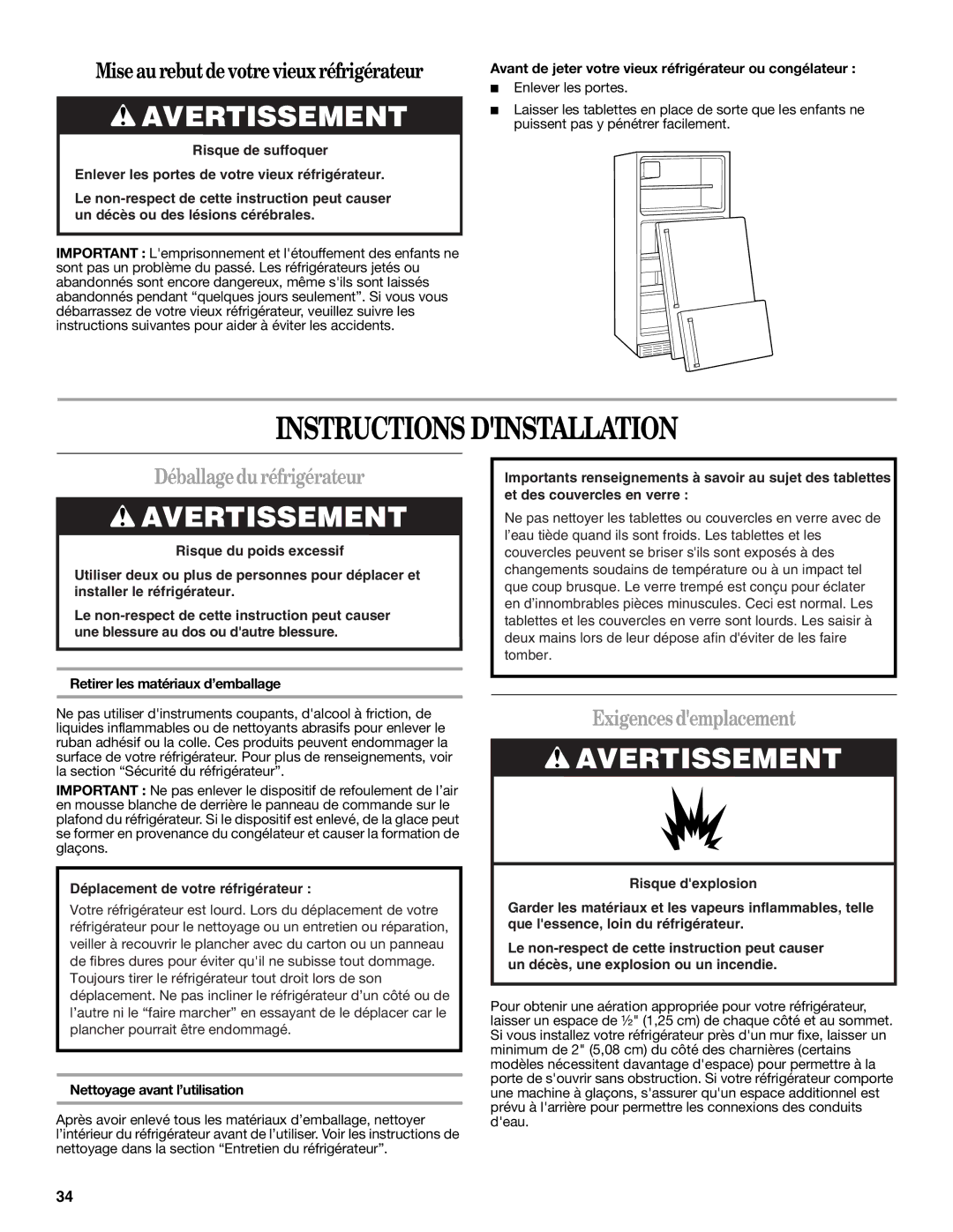 Whirlpool W10249204A, W10249205A Instructions Dinstallation, Déballagedu réfrigérateur, Exigences demplacement 