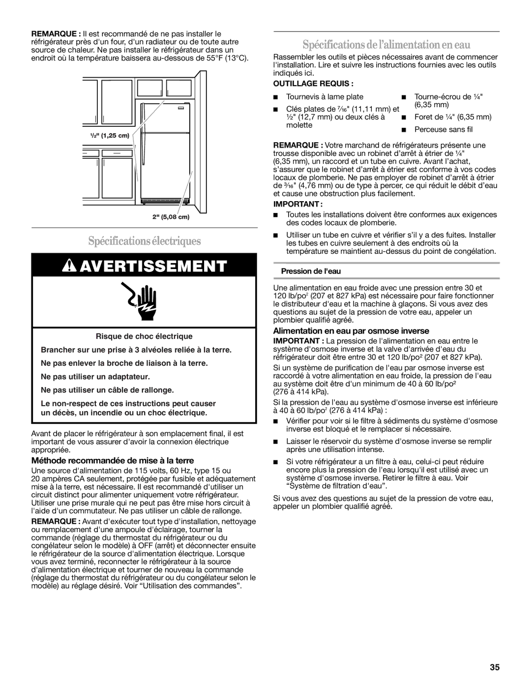 Whirlpool W10249205A, W10249204A Spécificationsélectriques, Spécifications del’alimentationen eau, Outillage Requis 