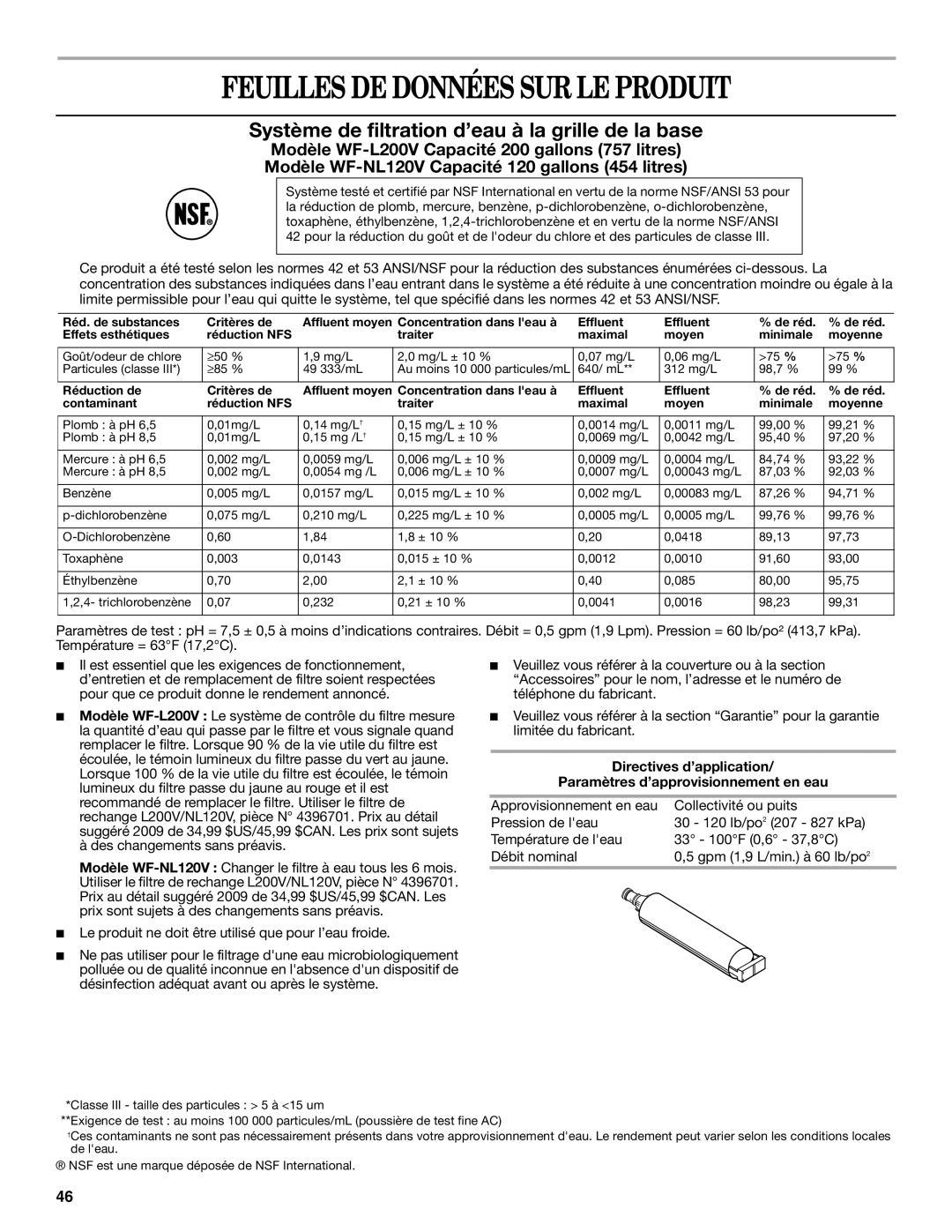 Whirlpool W10249204A, W10249205A Feuilles DE Données SUR LE Produit, Le produit ne doit être utilisé que pour l’eau froide 