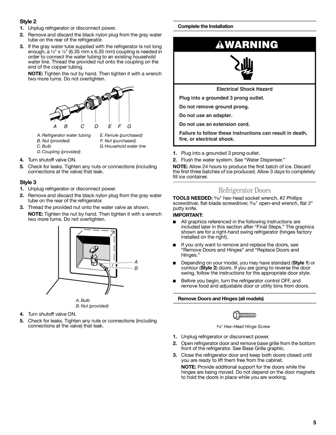 Whirlpool W10249205A, W10249204A installation instructions Refrigerator Doors, Remove Doors and Hinges all models 