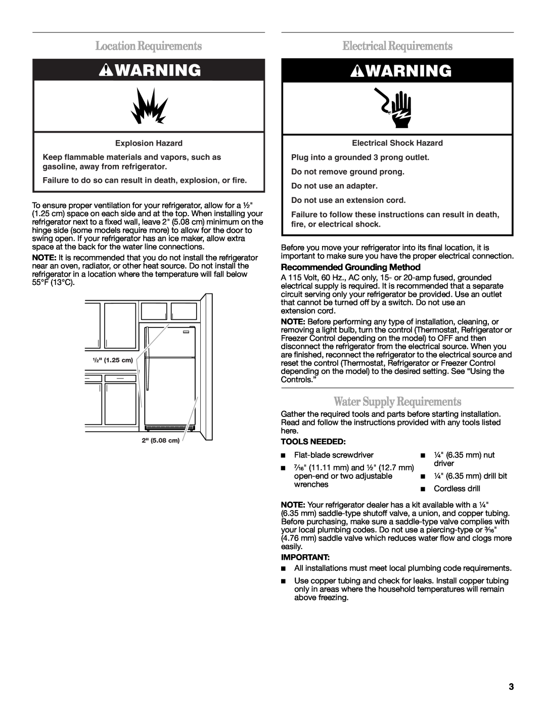 Whirlpool W10249205A LocationRequirements, Electrical Requirements, Water Supply Requirements, Explosion Hazard 