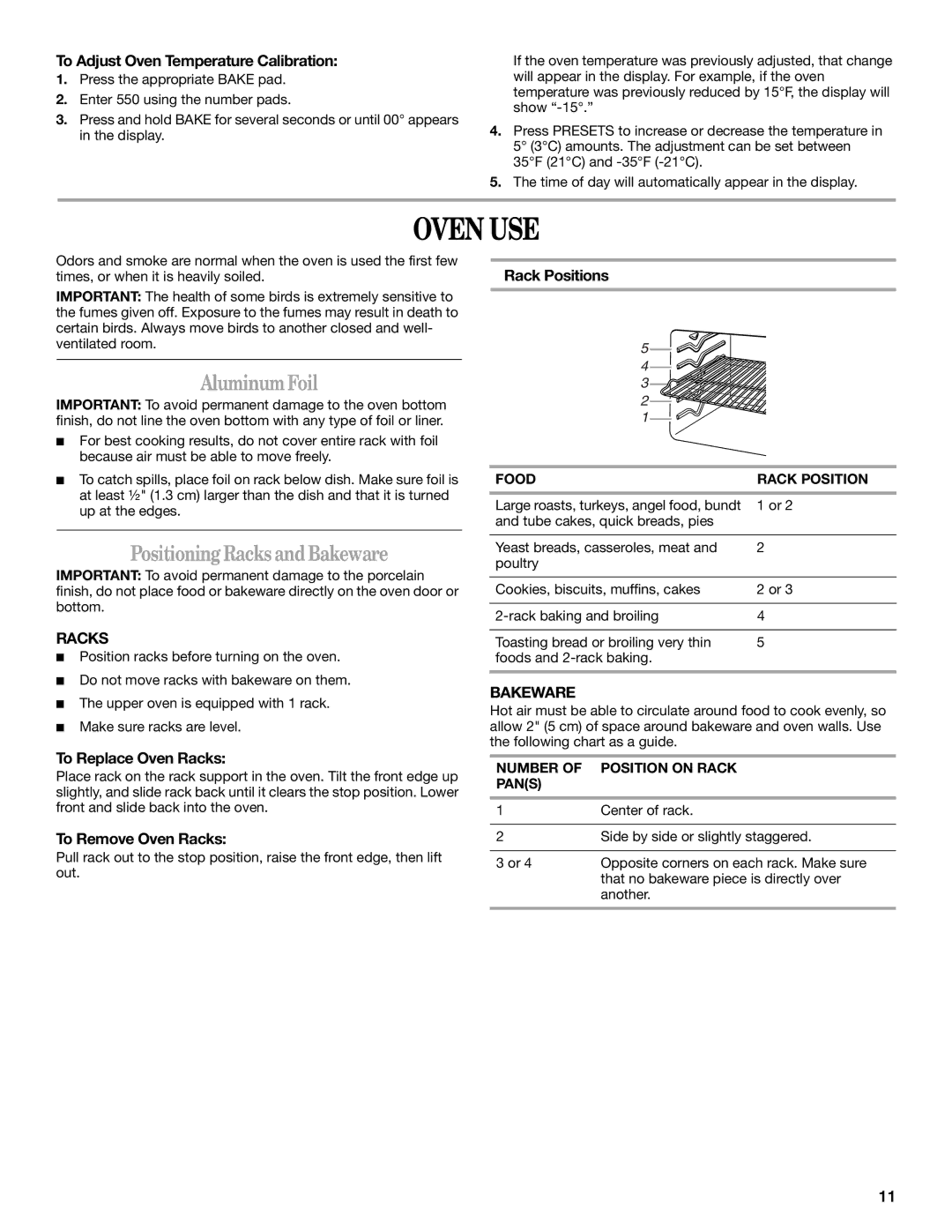 Whirlpool GGE350LWQ, W10253434A, GGE350LWS, GGE350LWB manual Oven USE, AluminumFoil, Positioning RacksandBakeware 