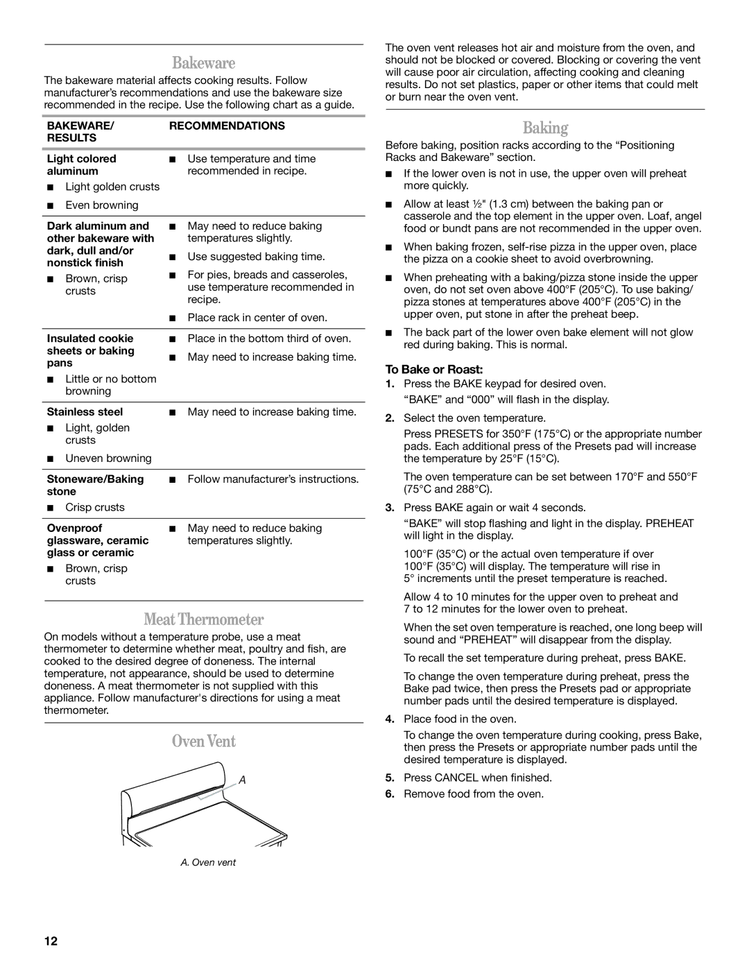 Whirlpool W10253434A, GGE350LWS, GGE350LWB, GGE350LWQ manual Bakeware, MeatThermometer, OvenVent, Baking, To Bake or Roast 