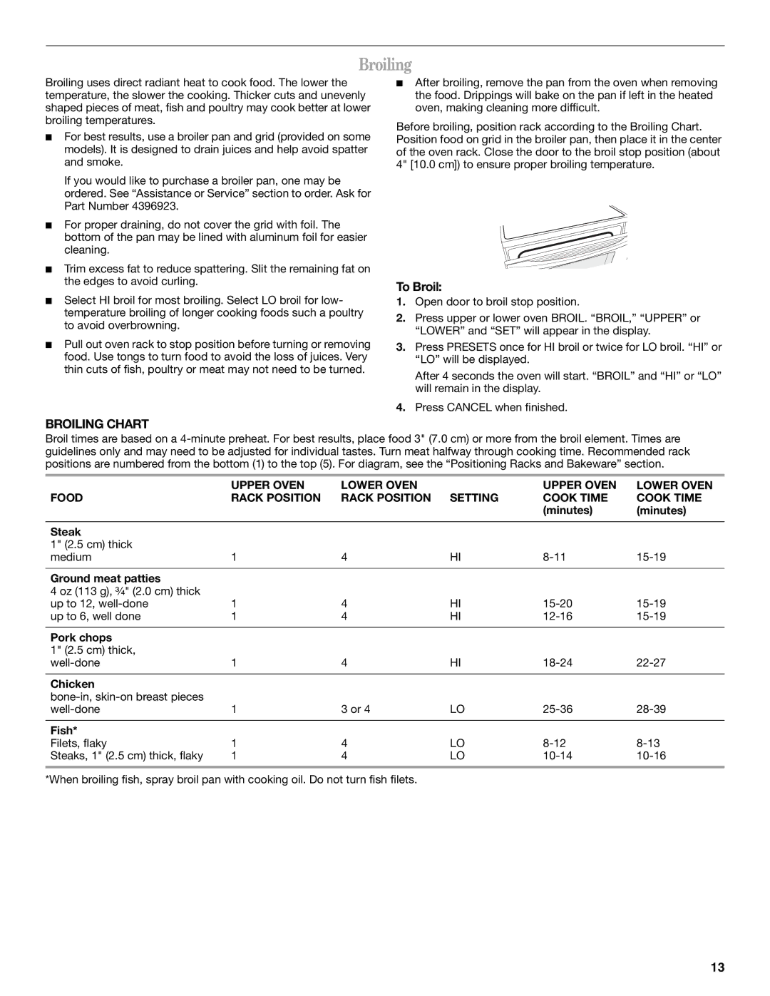 Whirlpool GGE350LWS, W10253434A Broiling Chart, To Broil, Upper Oven Lower Oven Food Rack Position Setting Cook Time 