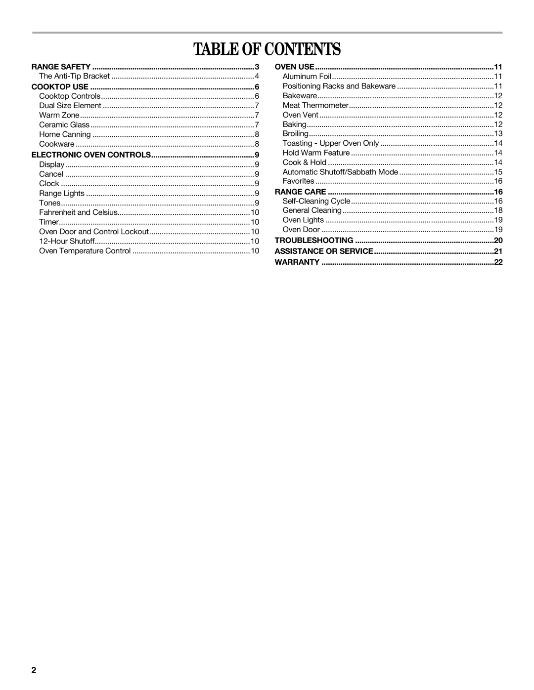 Whirlpool GGE350LWB, W10253434A, GGE350LWS, GGE350LWQ manual Table of Contents 