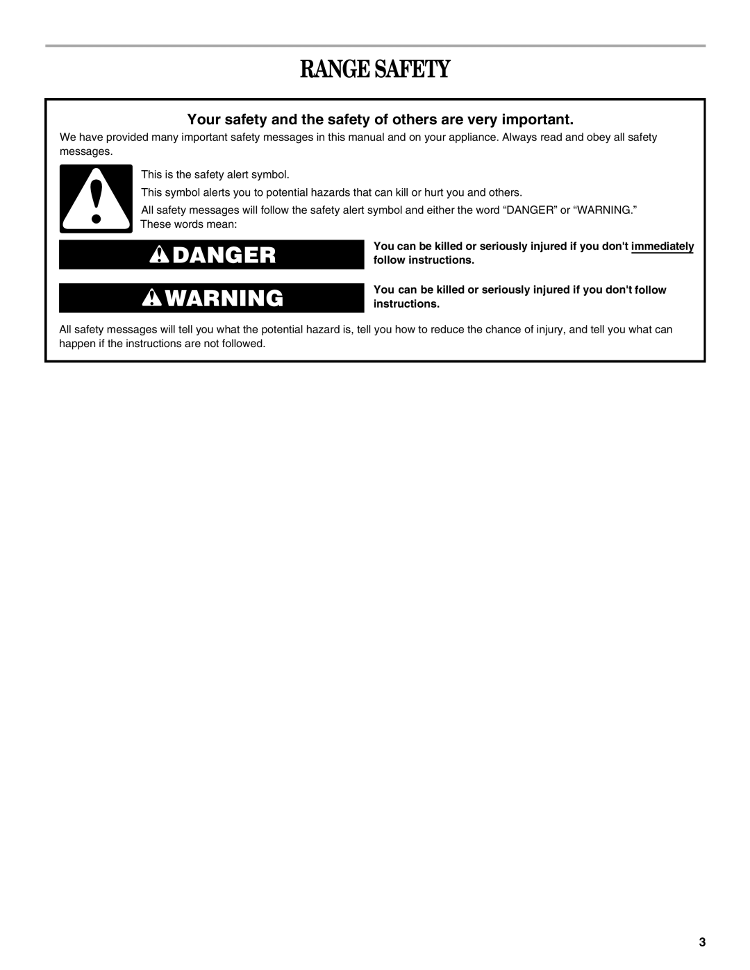 Whirlpool GGE350LWQ, W10253434A, GGE350LWS, GGE350LWB Range Safety, Your safety and the safety of others are very important 