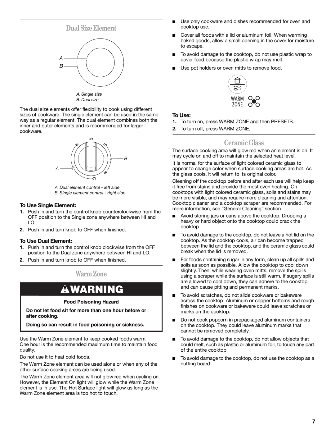 Whirlpool GGE350LWQ, W10253434A, GGE350LWS, GGE350LWB manual Dual SizeElement, WarmZone, CeramicGlass 