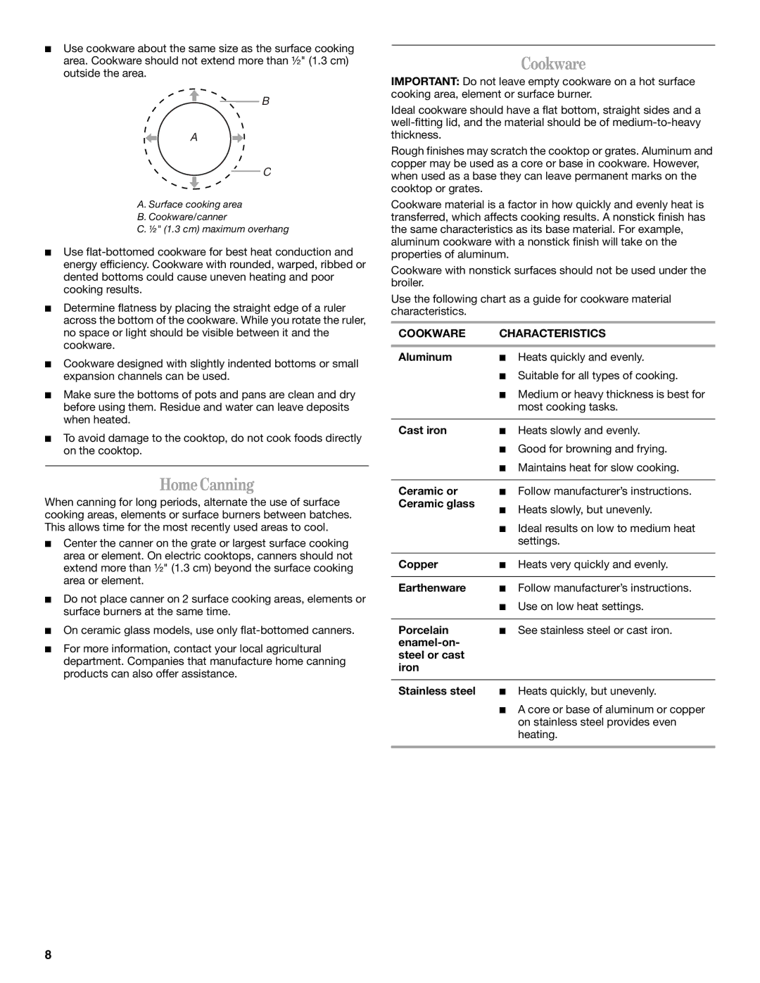 Whirlpool W10253434A, GGE350LWS, GGE350LWB, GGE350LWQ manual HomeCanning, Cookware Characteristics 