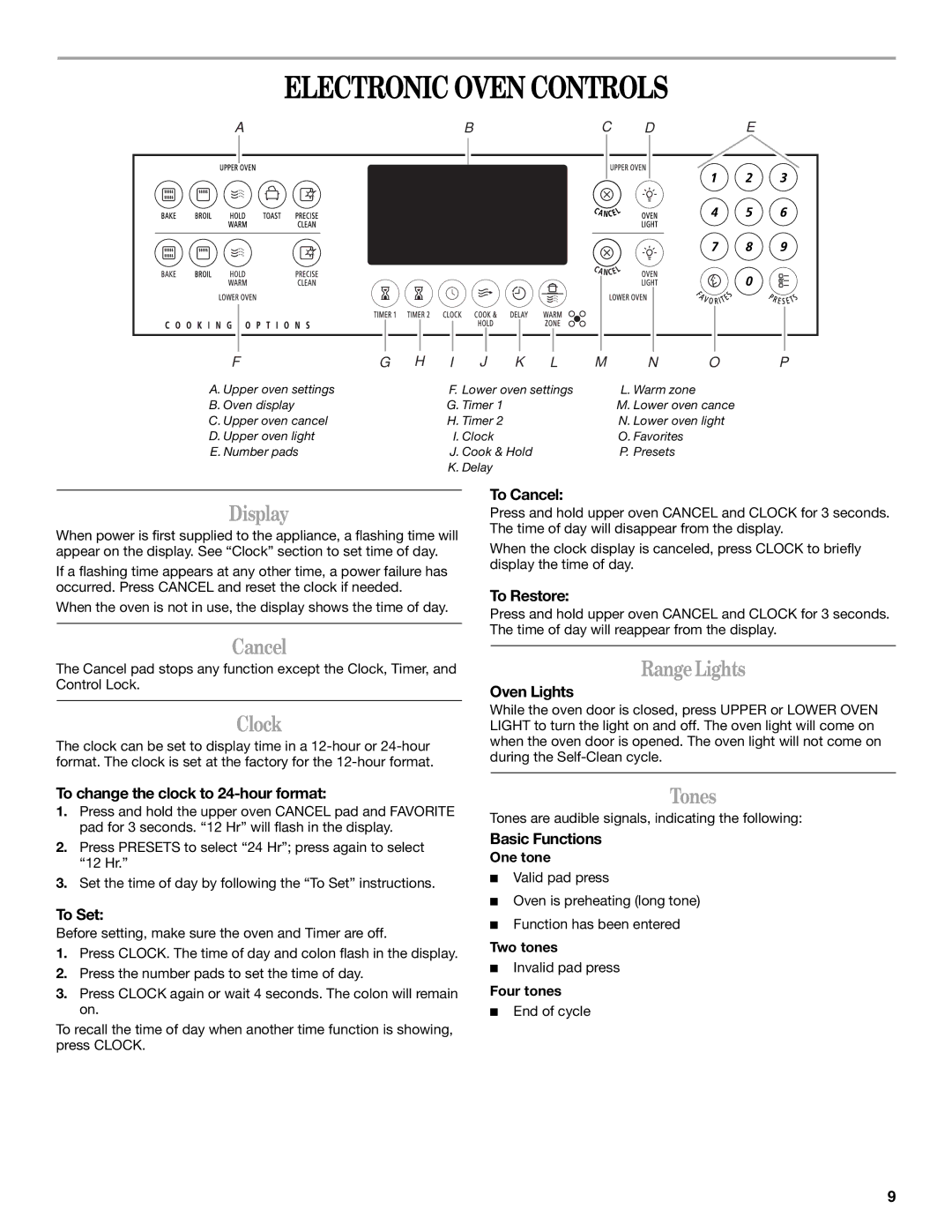 Whirlpool GGE350LWS, W10253434A, GGE350LWB, GGE350LWQ manual Electronic Oven Controls 