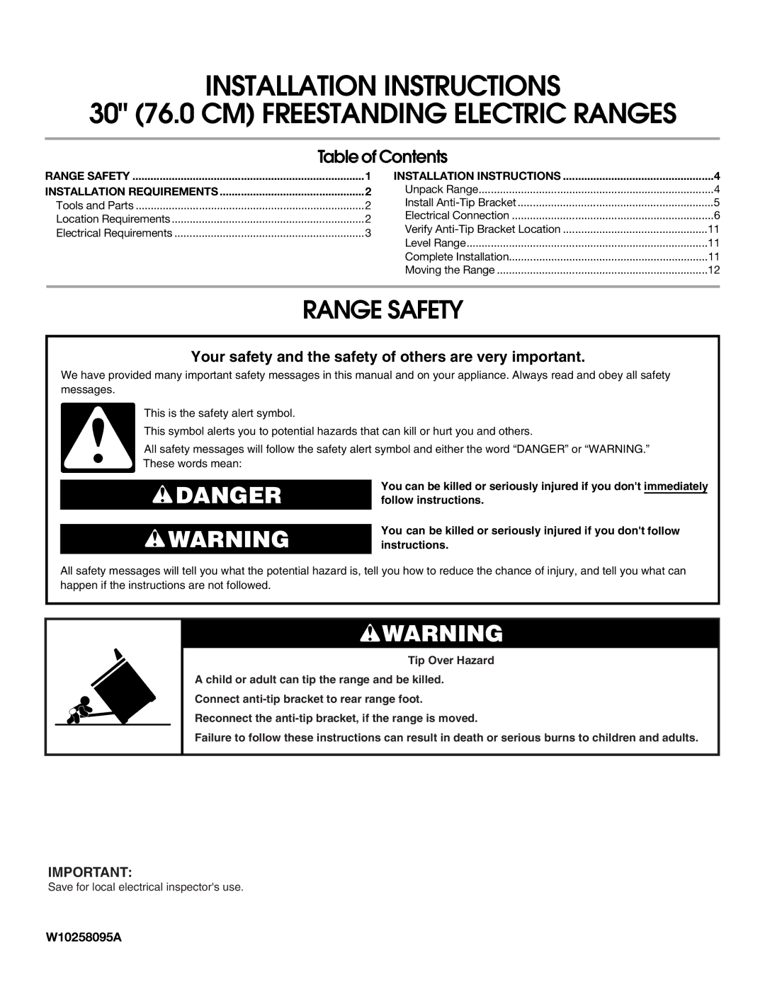 Whirlpool W10258095A installation instructions Range Safety, Table of Contents 