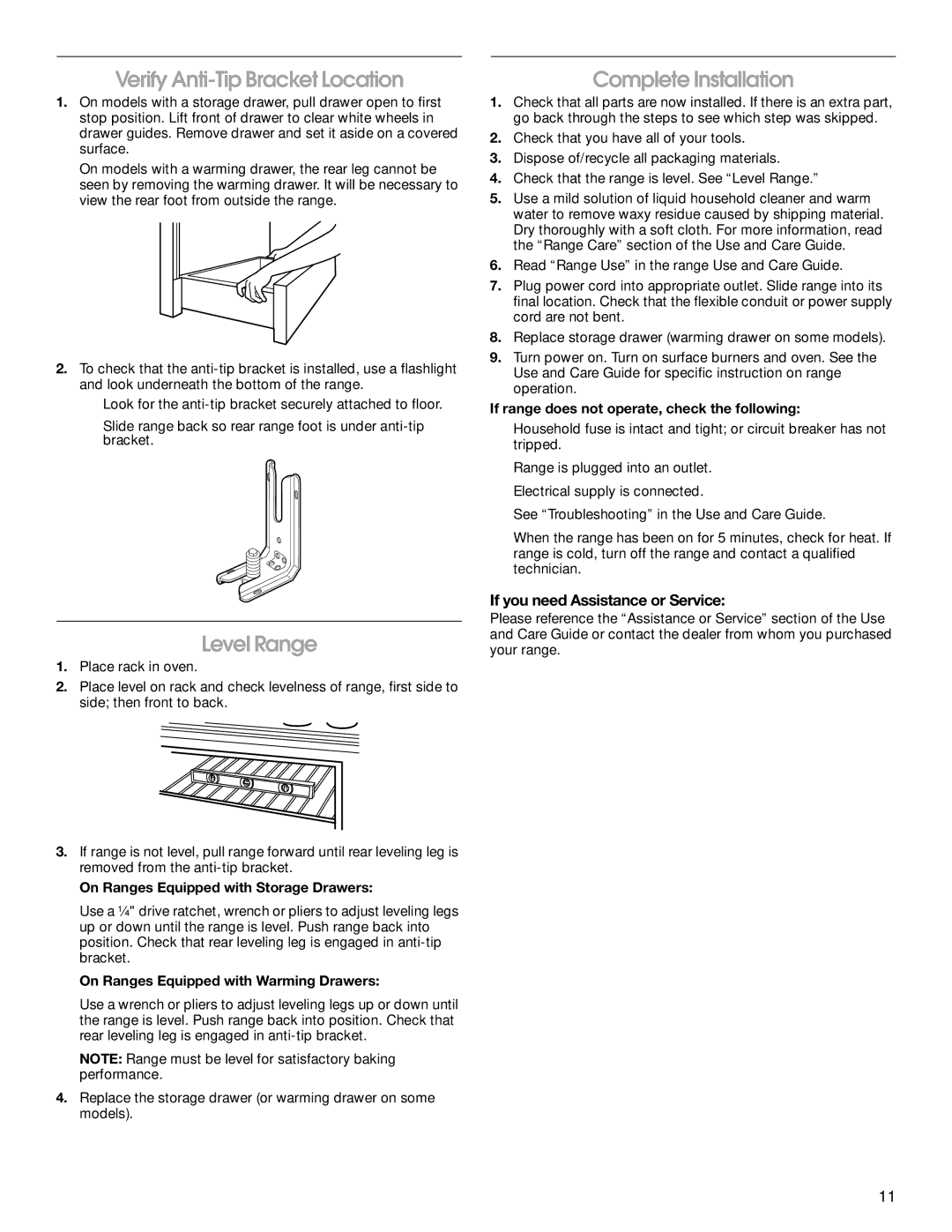 Whirlpool W10258095A installation instructions Verify Anti-Tip Bracket Location, Level Range, Complete Installation 