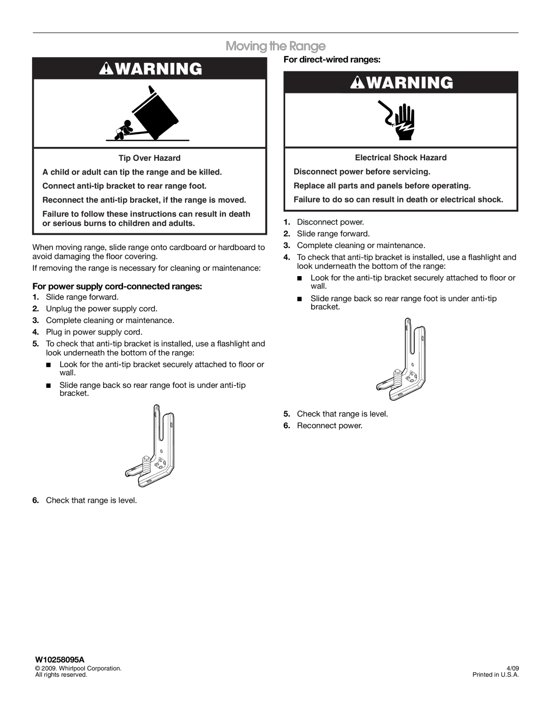 Whirlpool W10258095A Moving the Range, For power supply cord-connected ranges, For direct-wired ranges 