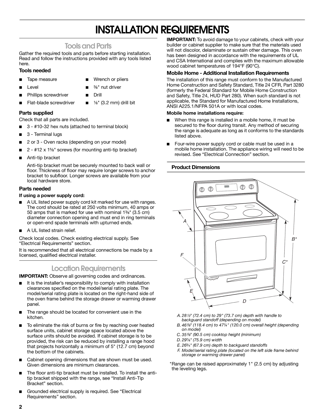 Whirlpool W10258095A installation instructions Installation Requirements, Tools and Parts, Location Requirements 