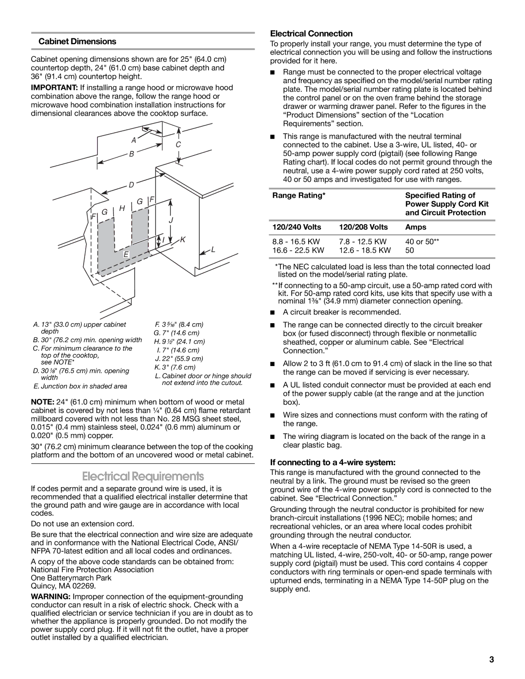 Whirlpool W10258095A Electrical Requirements, Cabinet Dimensions, Electrical Connection, If connecting to a 4-wire system 