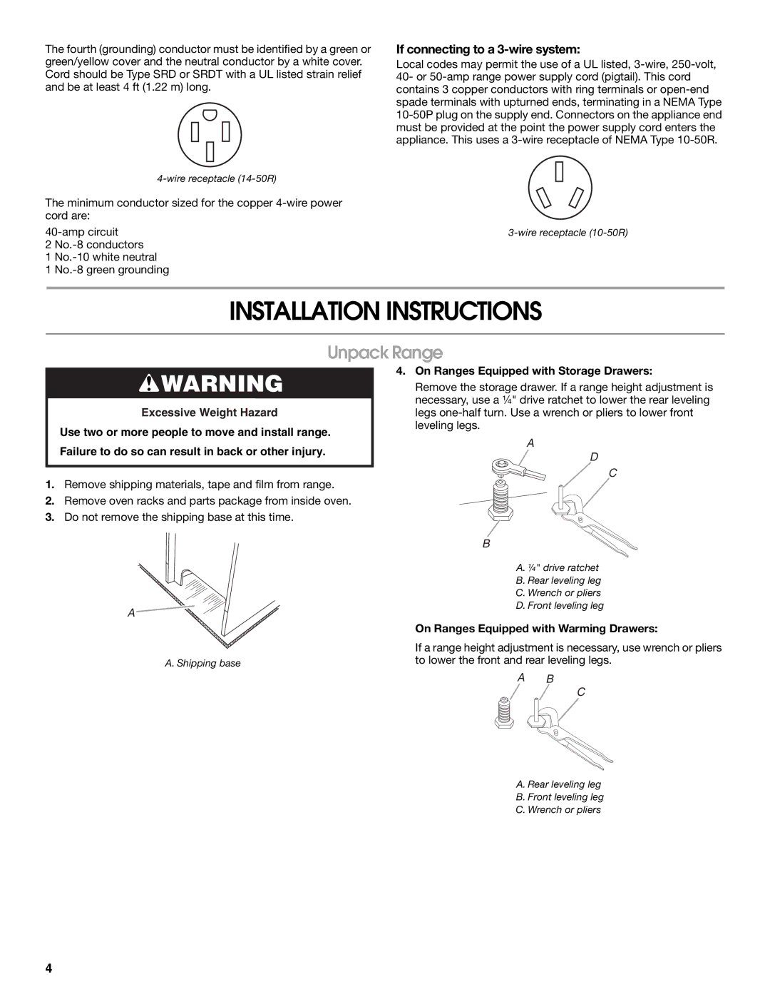 Whirlpool W10258095A installation instructions Installation Instructions, Unpack Range, If connecting to a 3-wire system 