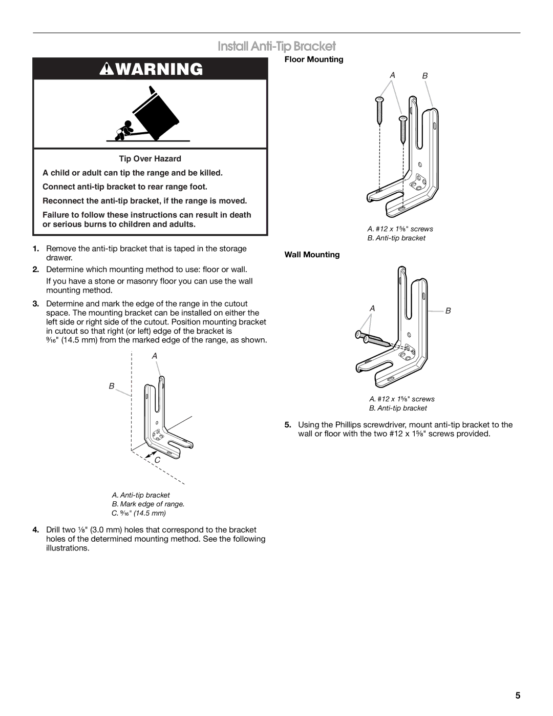 Whirlpool W10258095A installation instructions Install Anti-Tip Bracket, Floor Mounting, Wall Mounting 