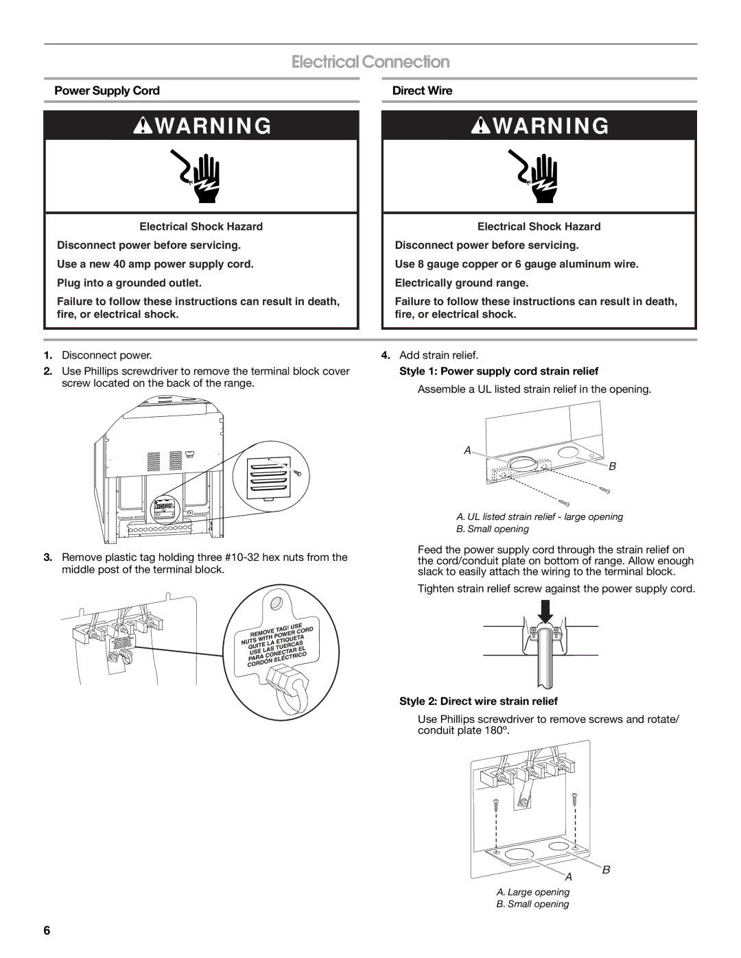 Whirlpool W10258095A Electrical Connection, Power Supply Cord, Direct Wire, Style 1 Power supply cord strain relief 