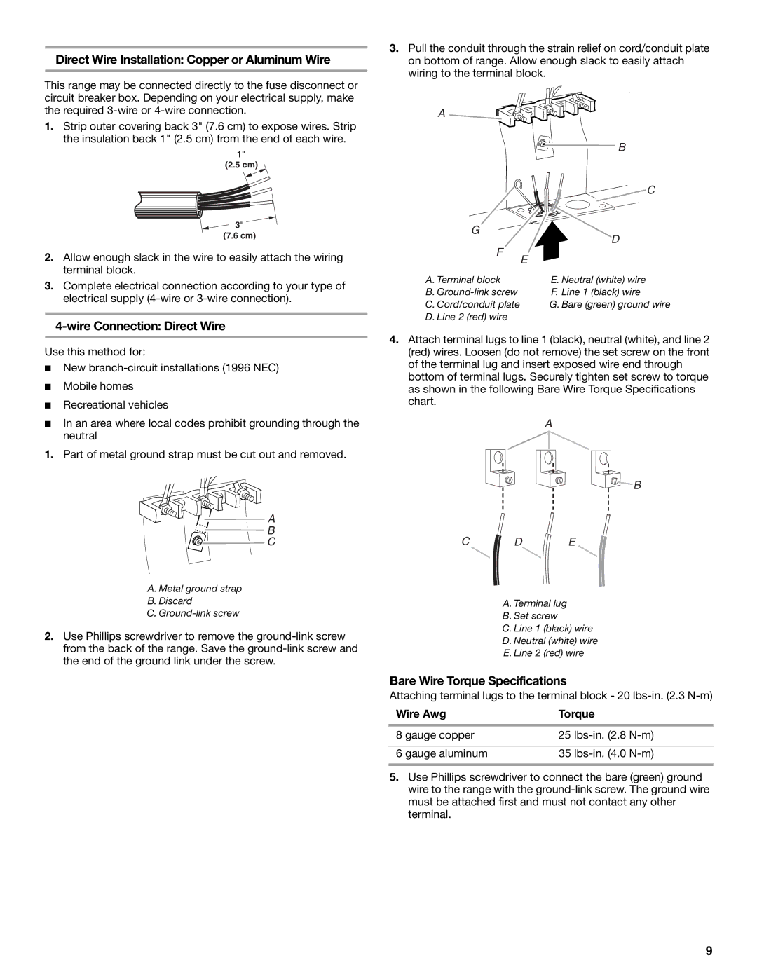 Whirlpool W10258095A Direct Wire Installation Copper or Aluminum Wire, Wire Connection Direct Wire, Wire Awg Torque 