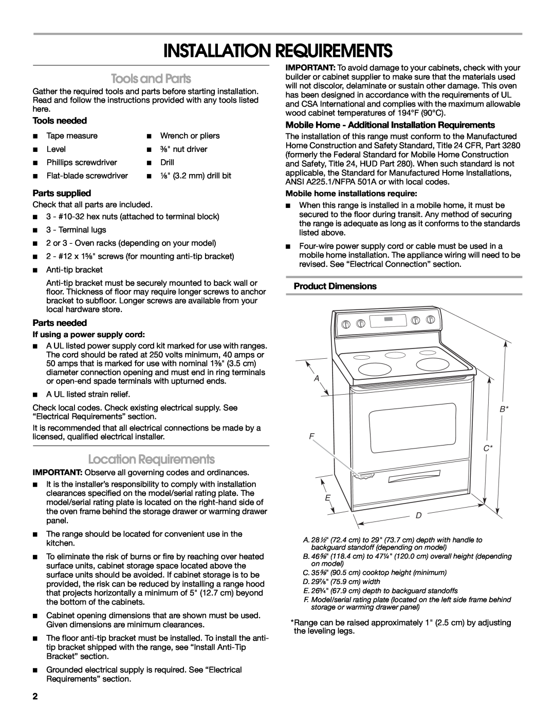 Whirlpool W10258095A Installation Requirements, Tools and Parts, Location Requirements, Tools needed, Parts supplied 
