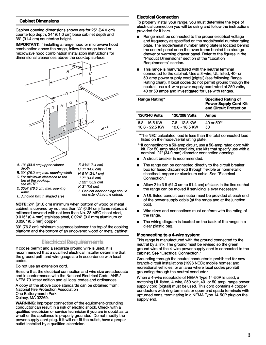 Whirlpool W10258095A Electrical Requirements, Cabinet Dimensions, Electrical Connection, If connecting to a 4-wire system 