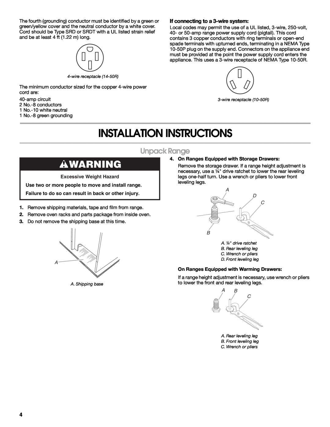 Whirlpool W10258095A Installation Instructions, Unpack Range, If connecting to a 3-wire system, Excessive Weight Hazard 