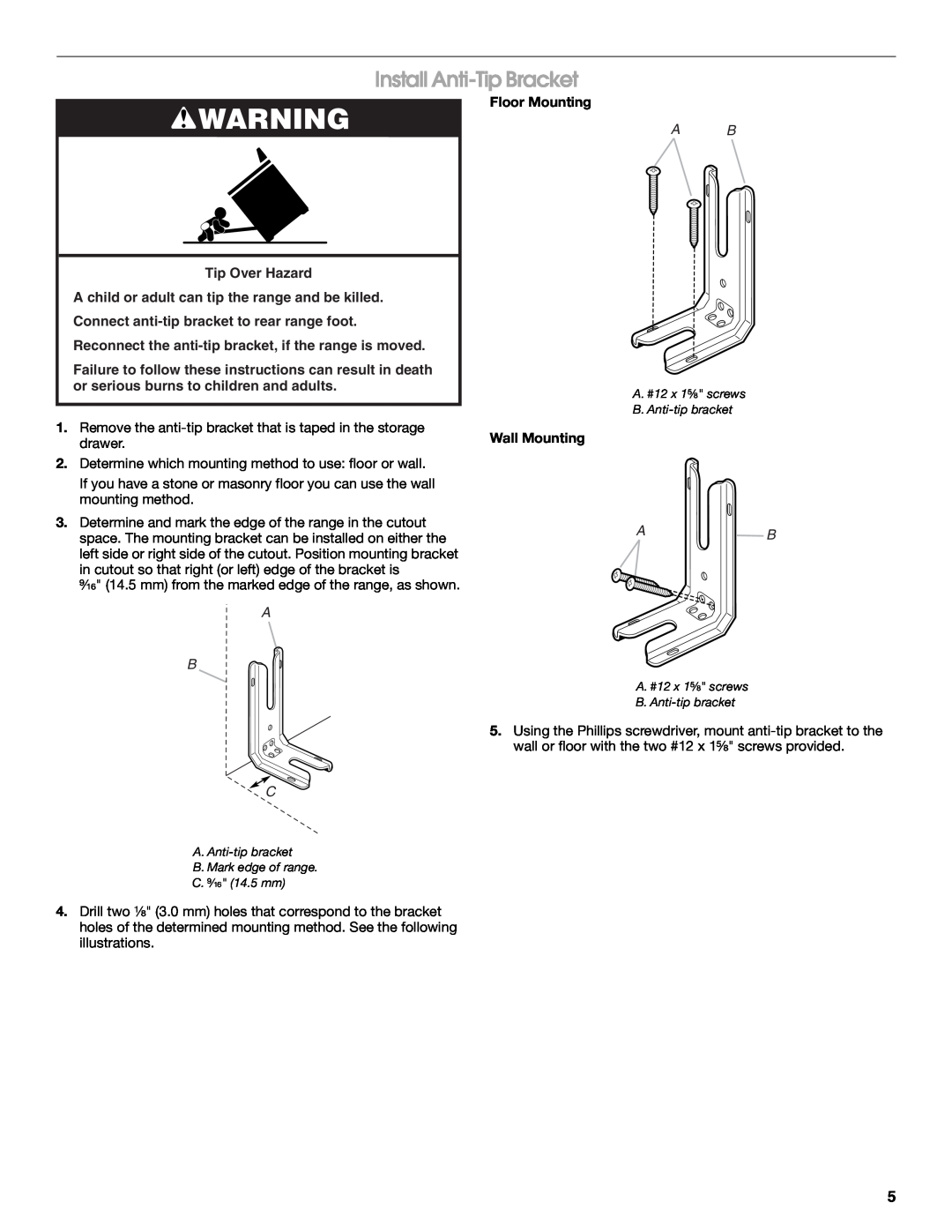 Whirlpool W10258095A Install Anti-Tip Bracket, Tip Over Hazard A child or adult can tip the range and be killed, A B C 
