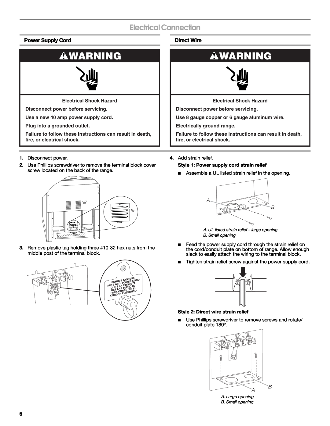 Whirlpool W10258095A installation instructions Electrical Connection, Power Supply Cord, Direct Wire 