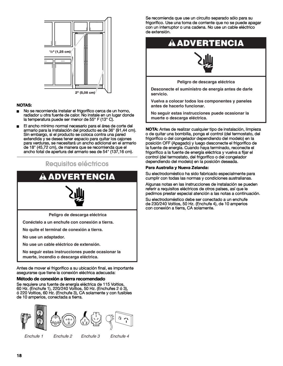 Whirlpool W10266784A manual Requisitos eléctricos, Método de conexión a tierra recomendado, Peligro de descarga eléctrica 