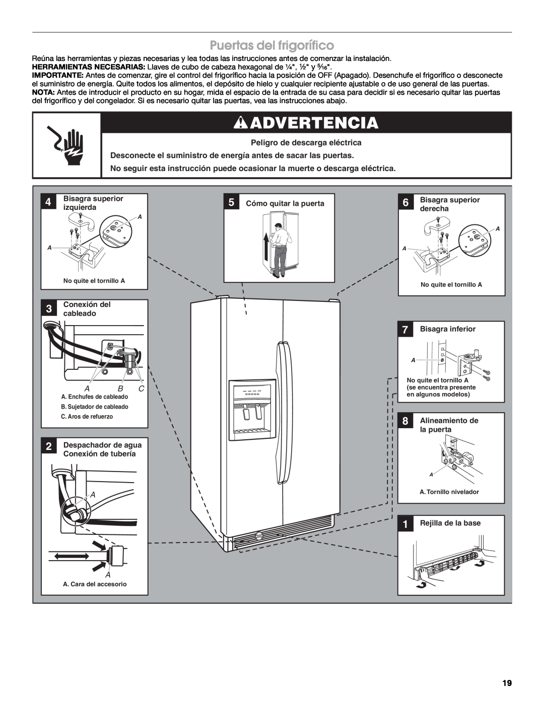 Whirlpool W10266784A Puertas del frigorífico, Desconecte el suministro de energía antes de sacar las puertas, Advertencia 