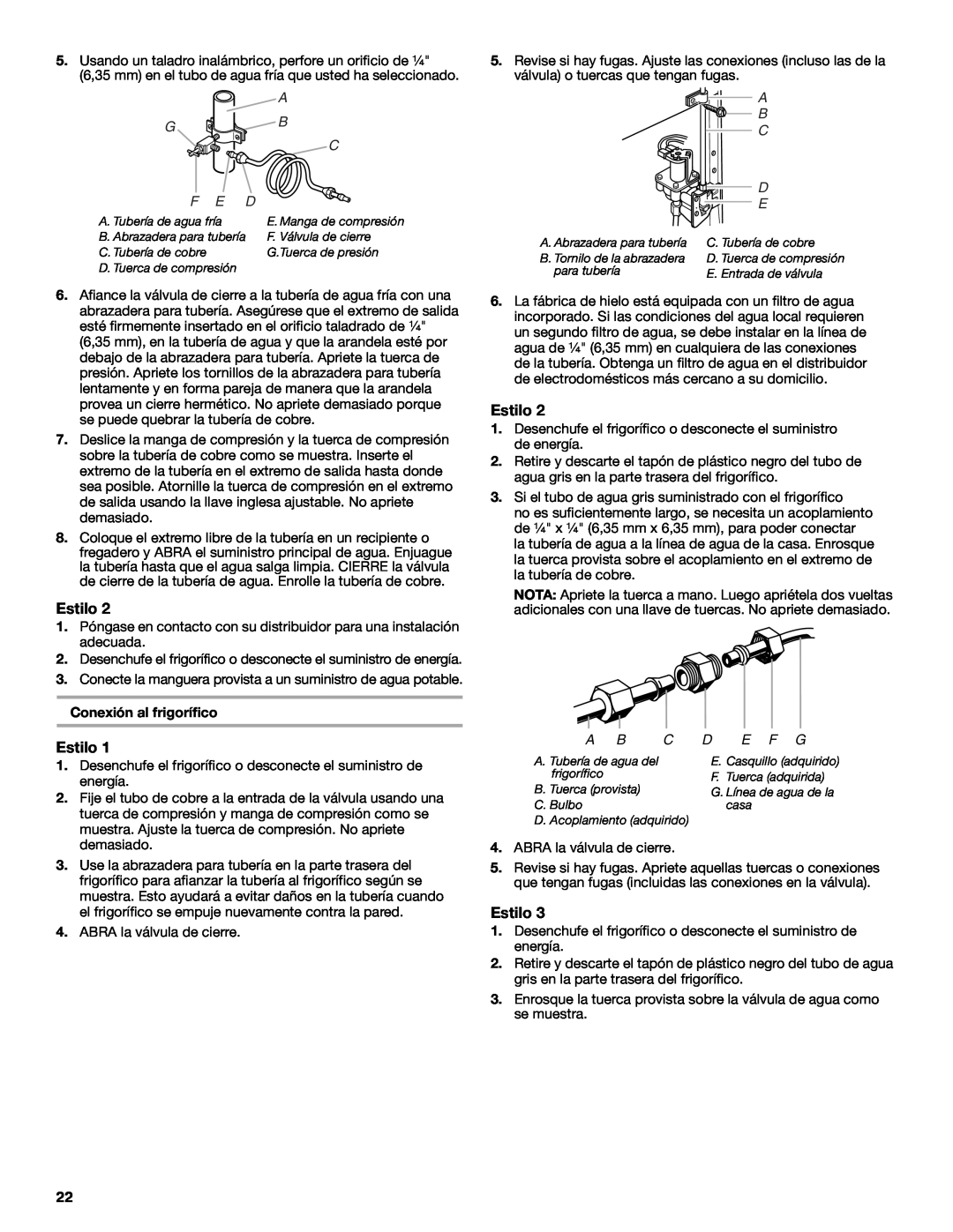 Whirlpool W10266784A manual F E D, A B C D E, Estilo, E F G 