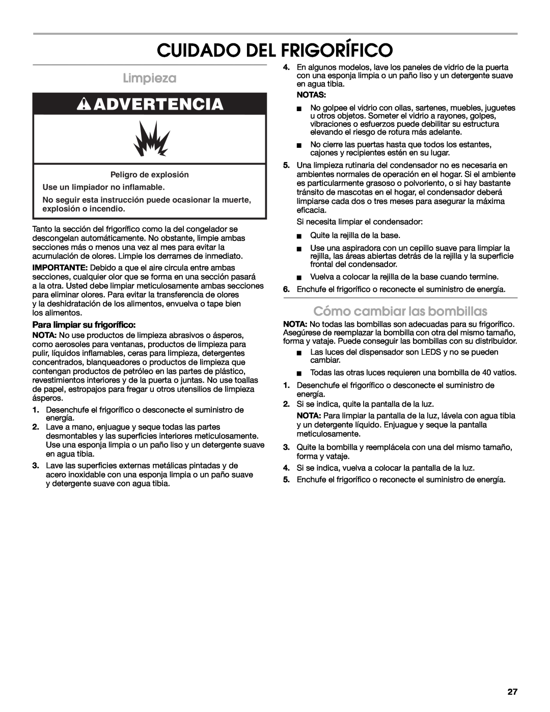 Whirlpool W10266784A manual Cuidado Del Frigorífico, Limpieza, Cómo cambiar las bombillas, Para limpiar su frigorífico 