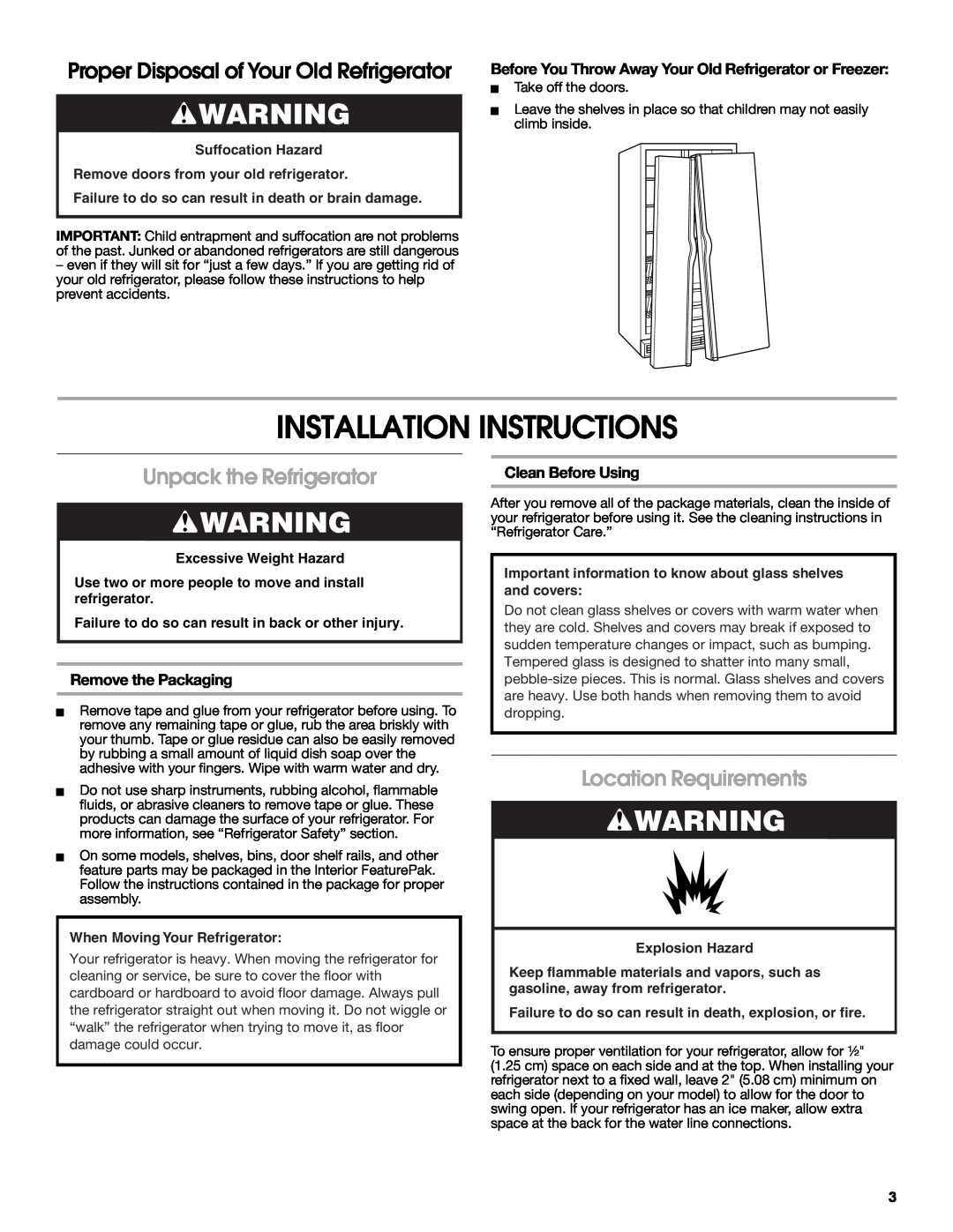Whirlpool W10266784A manual Installation Instructions, Proper Disposal of Your Old Refrigerator, Unpack the Refrigerator 
