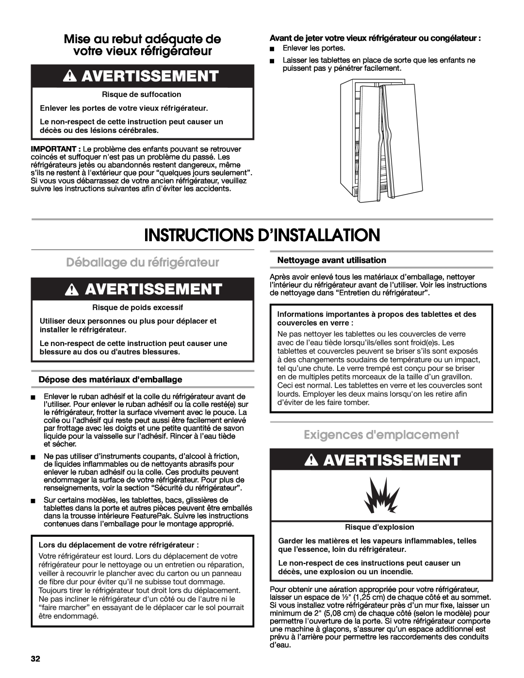 Whirlpool W10266784A manual Instructions D’Installation, Avertissement, Mise au rebut adéquate de votre vieux réfrigérateur 