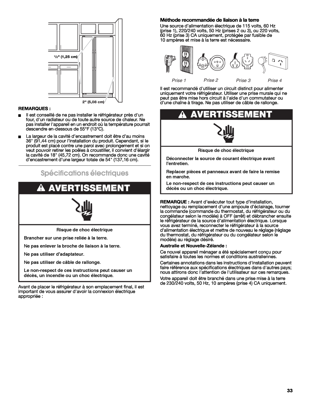Whirlpool W10266784A manual Spécifications électriques, Méthode recommandée de liaison à la terre, Prise, Avertissement 
