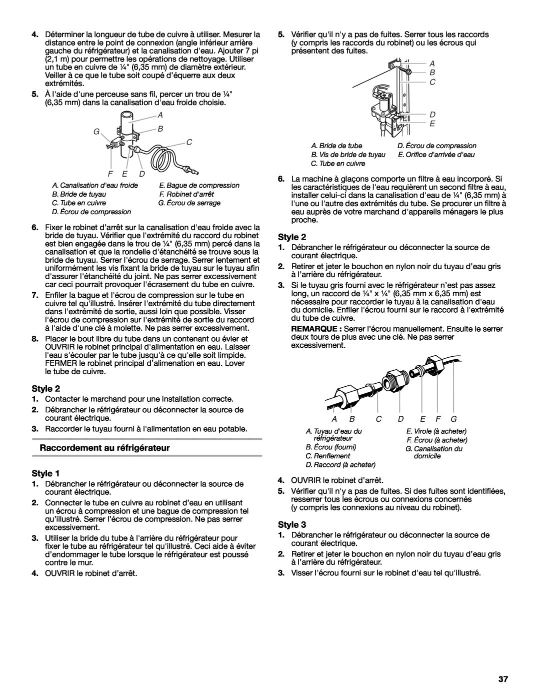 Whirlpool W10266784A manual Raccordement au réfrigérateur Style, E F G 