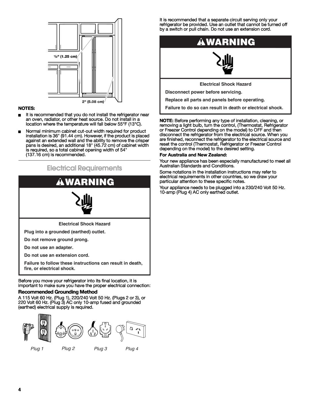 Whirlpool W10266784A manual Electrical Requirements, Recommended Grounding Method, Do not use an extension cord, Plug 
