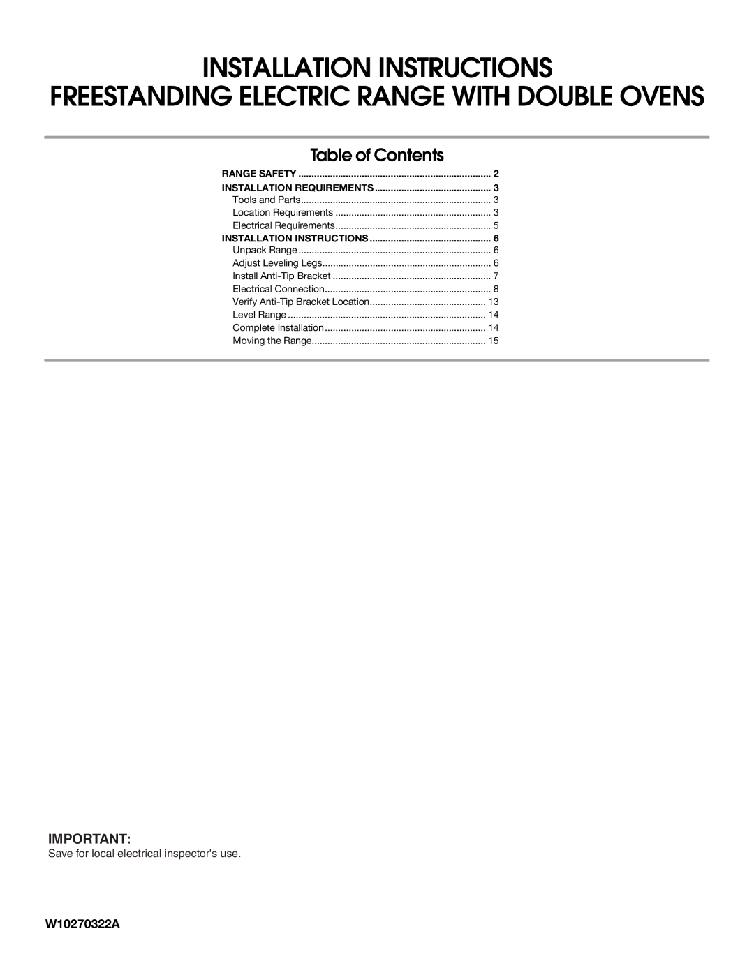 Whirlpool W10270322A installation instructions Installation Instructions, Freestanding Electric Range with Double Ovens 