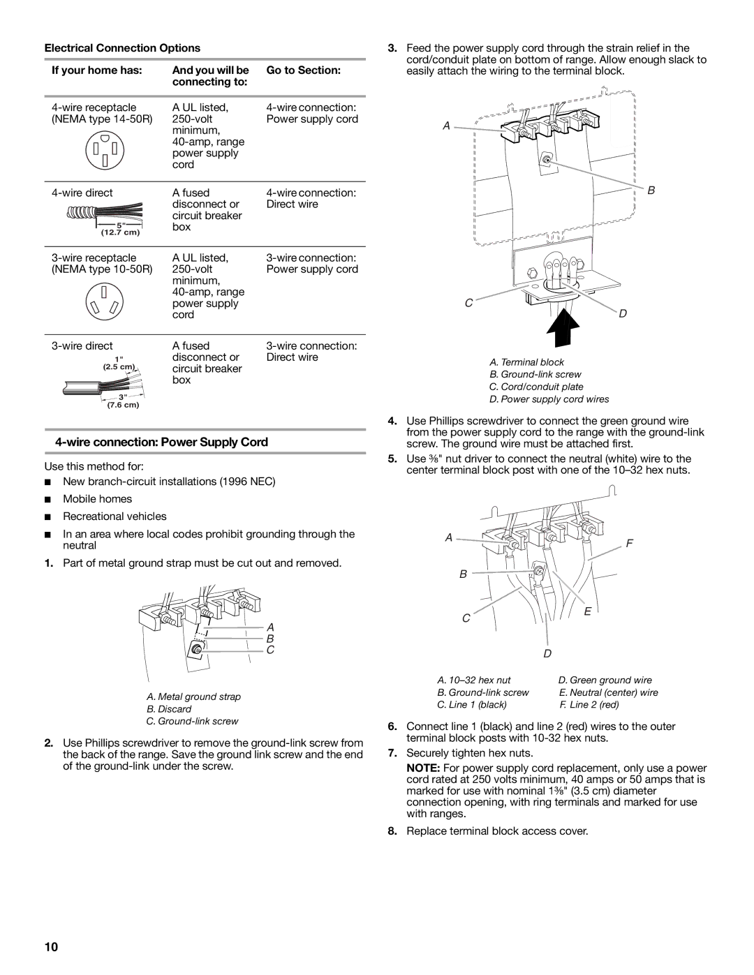 Whirlpool W10270322A installation instructions Wire connection Power Supply Cord 