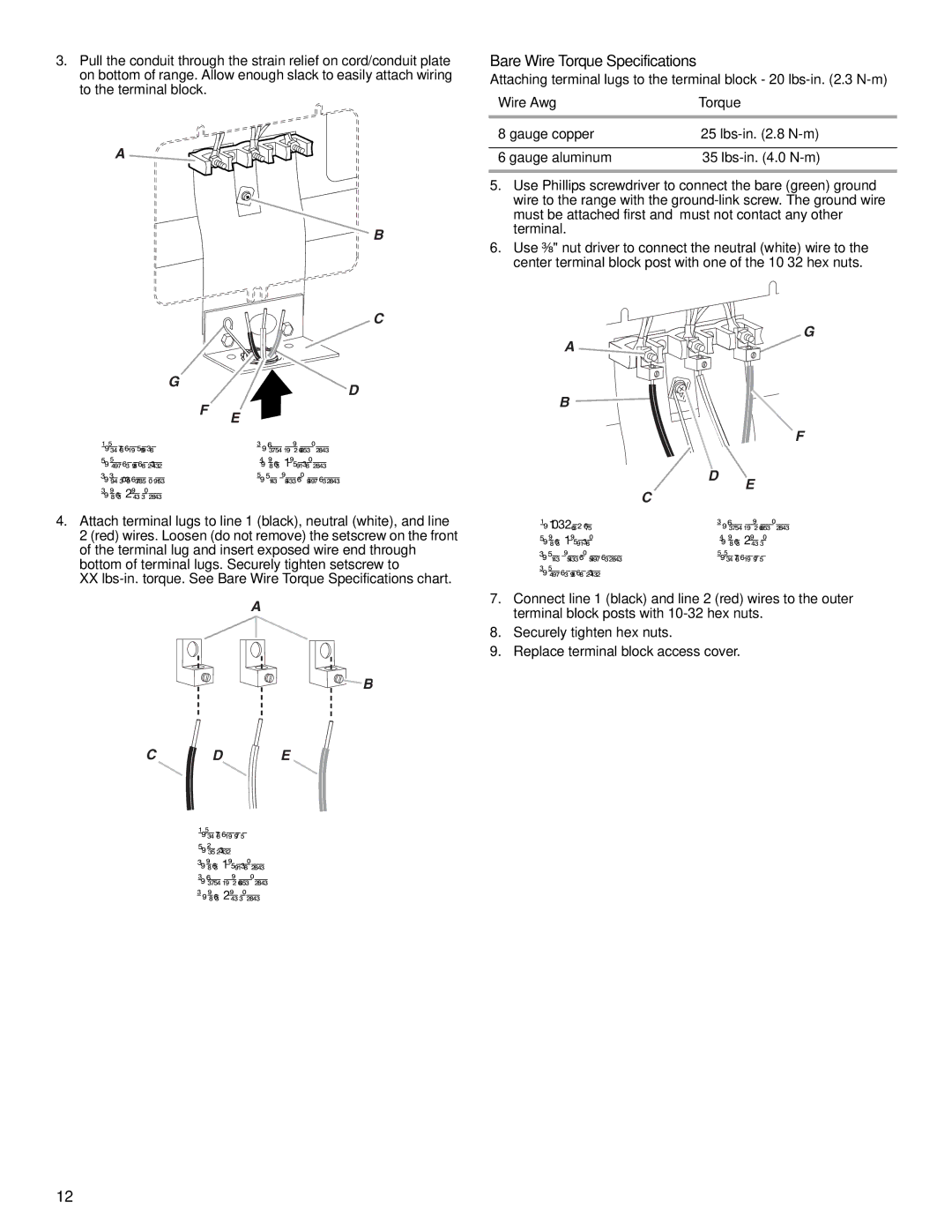 Whirlpool W10270322A installation instructions Bare Wire Torque Specifications, Wire Awg Torque 