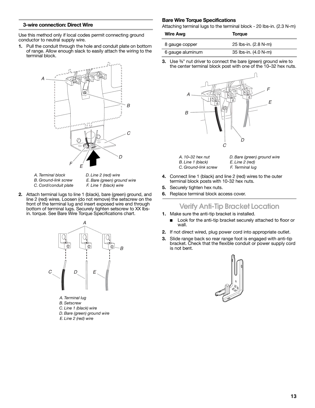 Whirlpool W10270322A installation instructions Verify Anti-Tip Bracket Location, Cord/conduit plate Line Black wire 