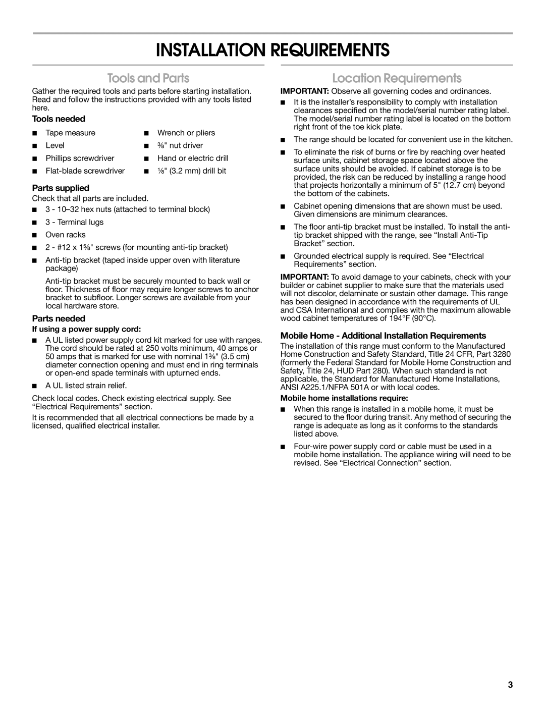 Whirlpool W10270322A installation instructions Installation Requirements, Tools and Parts, Location Requirements 