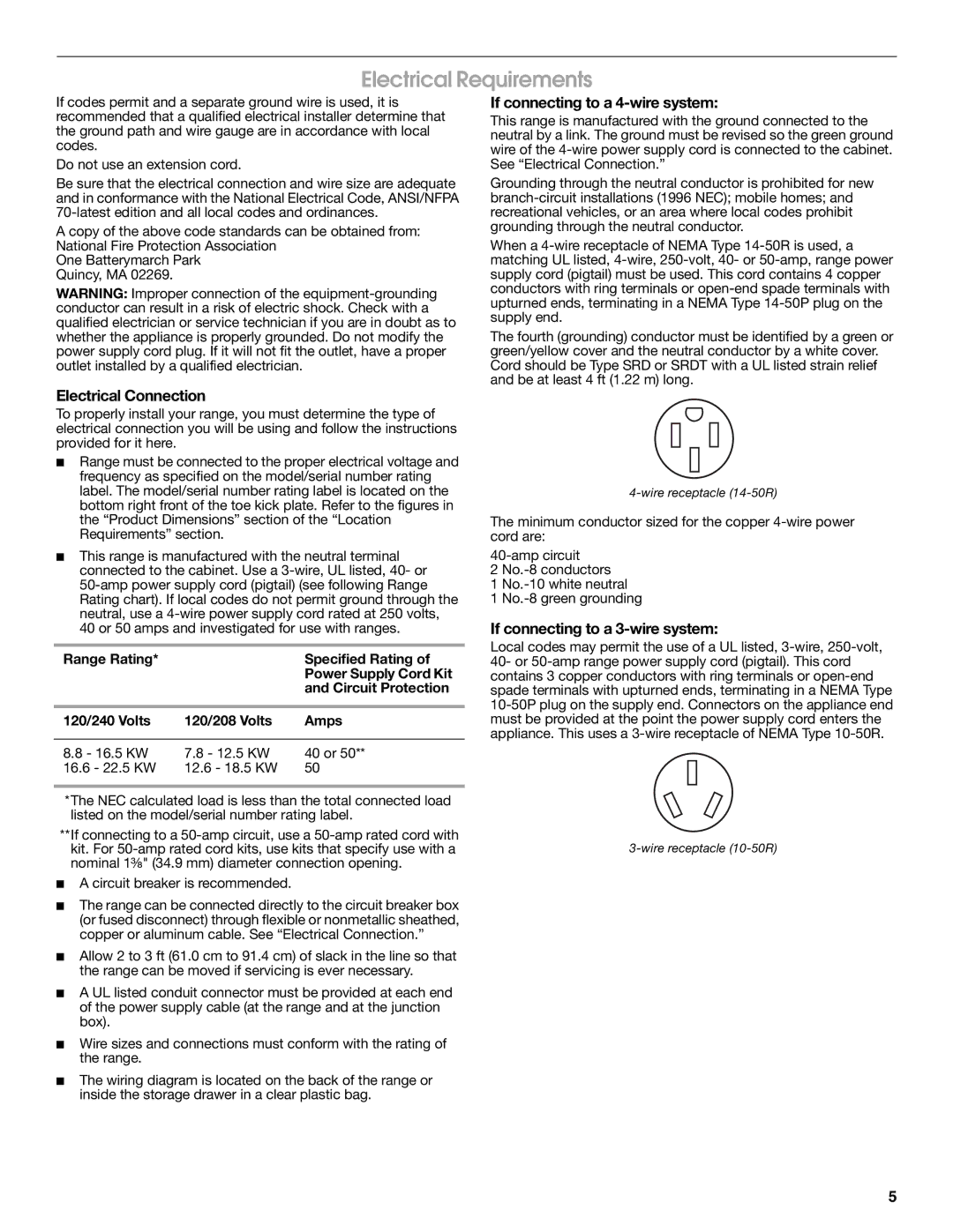 Whirlpool W10270322A Electrical Requirements, Electrical Connection, If connecting to a 4-wire system 