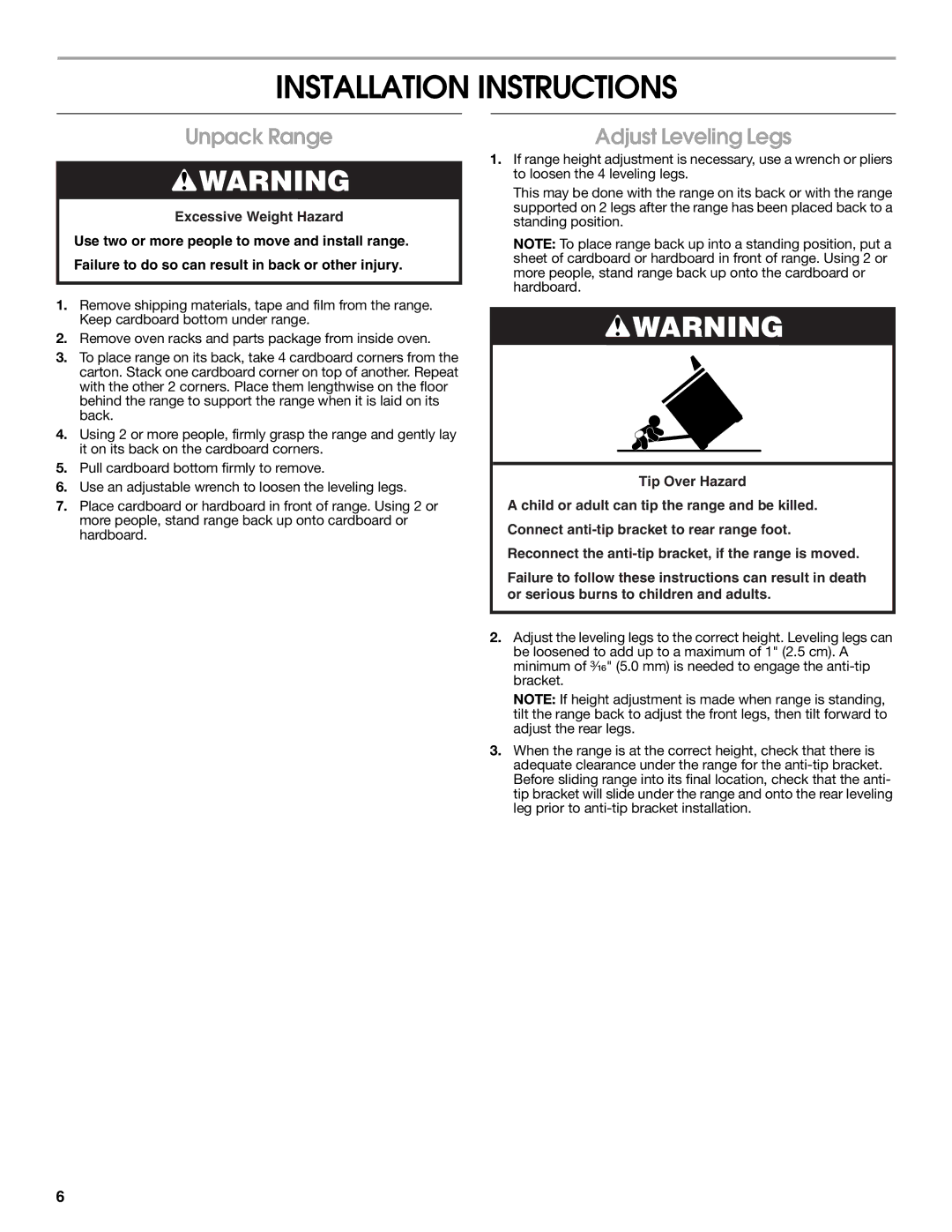 Whirlpool W10270322A installation instructions Installation Instructions, Unpack Range, Adjust Leveling Legs 