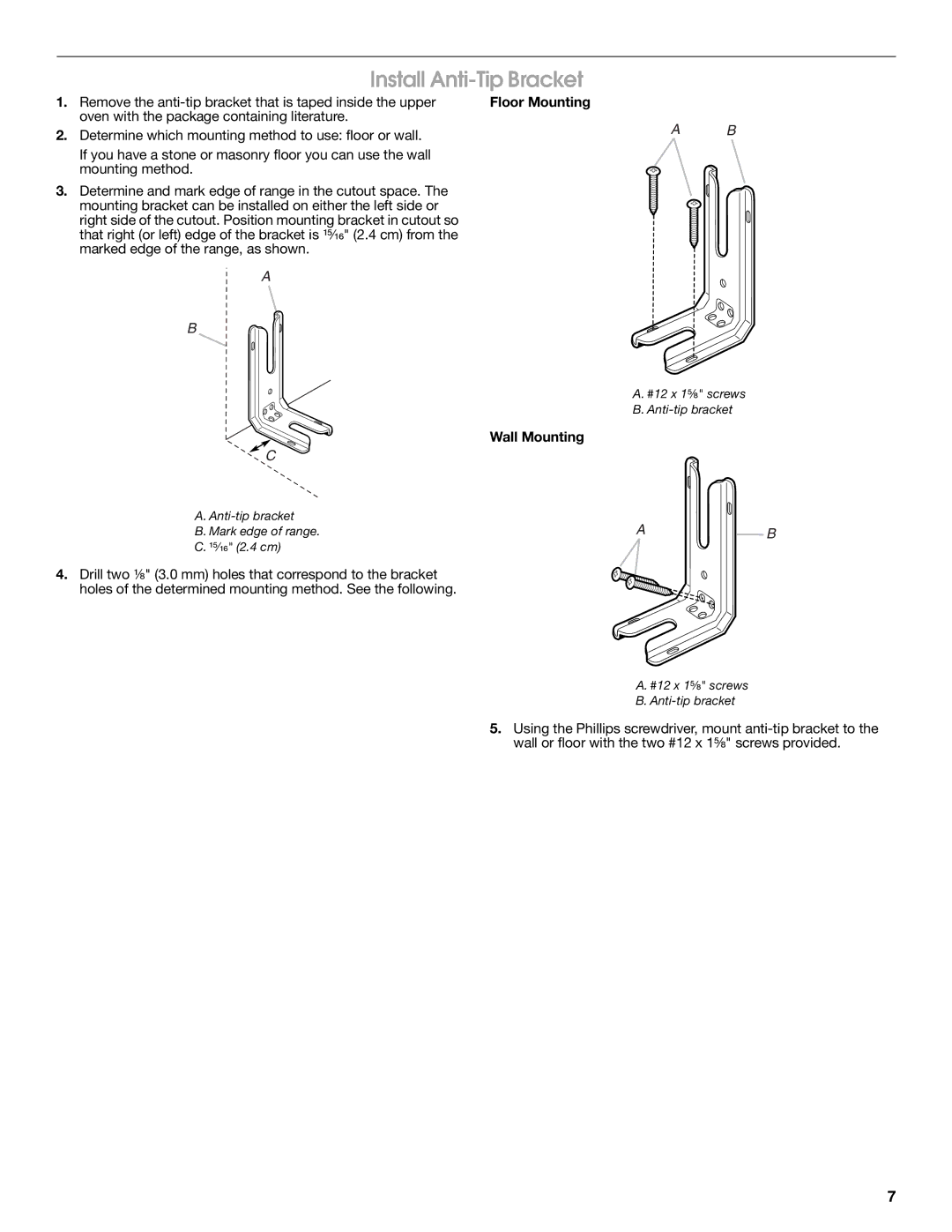 Whirlpool W10270322A installation instructions Install Anti-Tip Bracket, Floor Mounting, Wall Mounting 