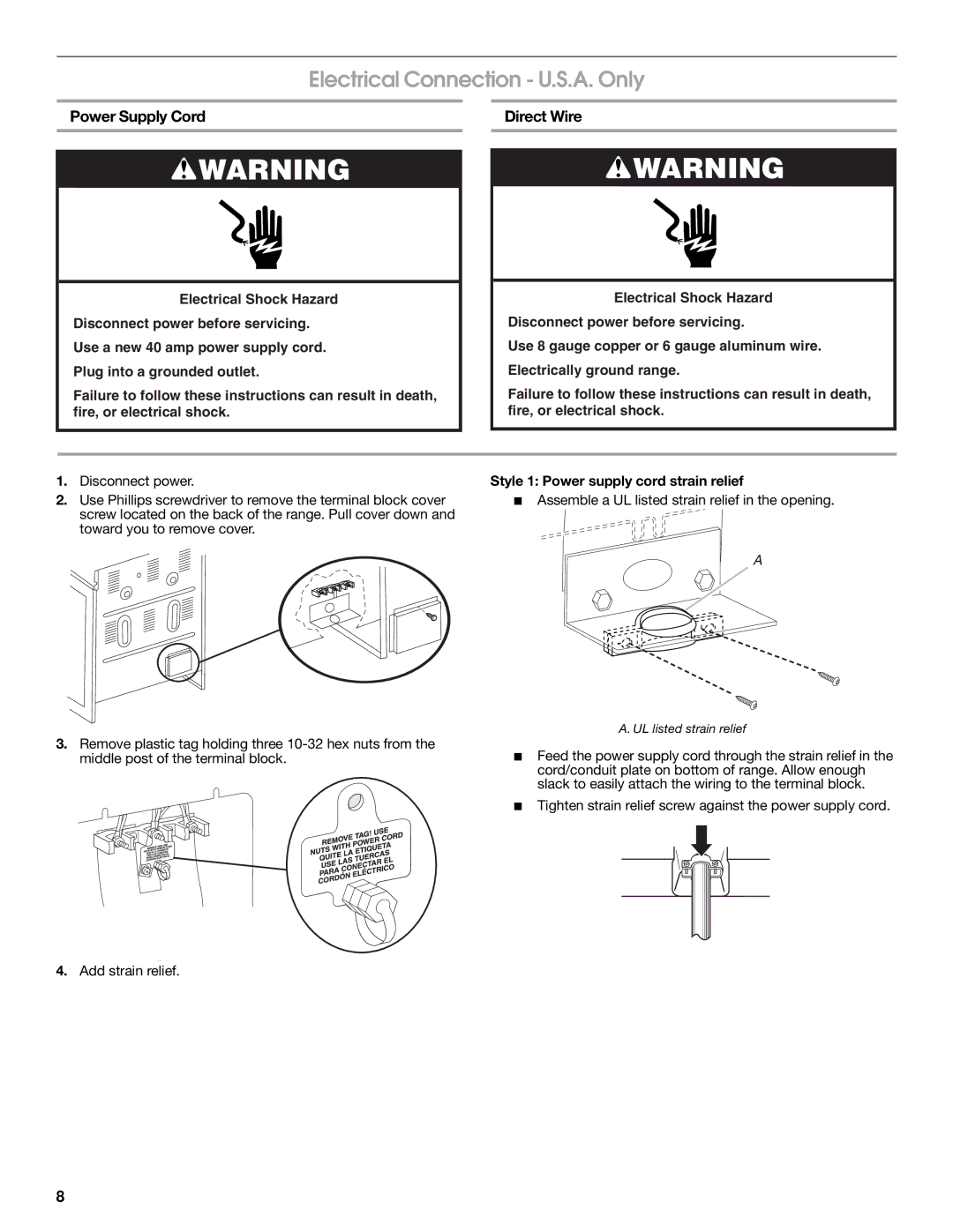 Whirlpool W10270322A installation instructions Electrical Connection U.S.A. Only, Power Supply Cord, Direct Wire 