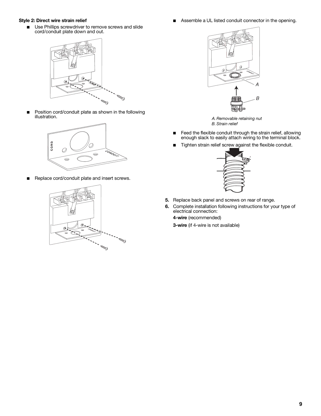 Whirlpool W10270322A installation instructions Style 2 Direct wire strain relief, Removable retaining nut Strain relief 