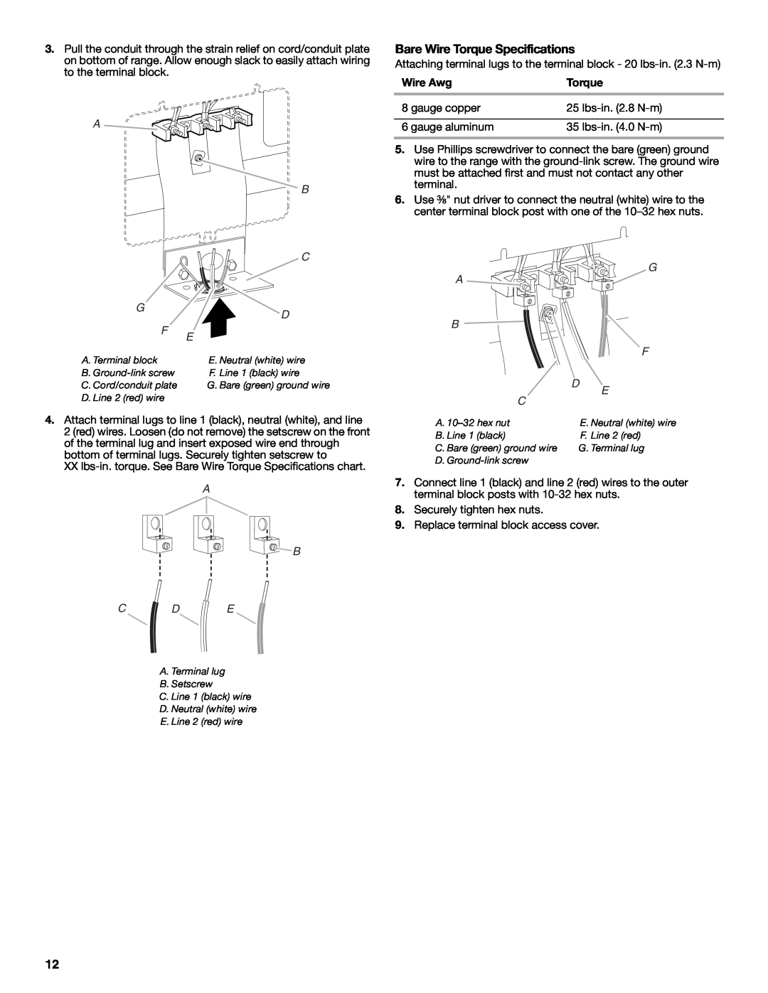 Whirlpool W10270322A installation instructions Bare Wire Torque Specifications, A B C D E, Wire Awg 